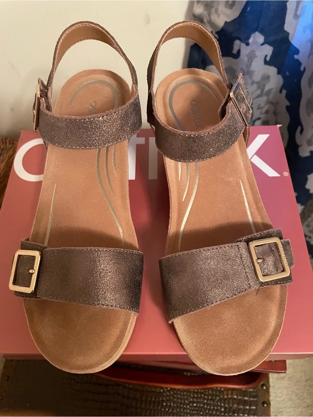 Aetrex Metallic Bronze Suede Wedge Sandals - Picture 2 of 4